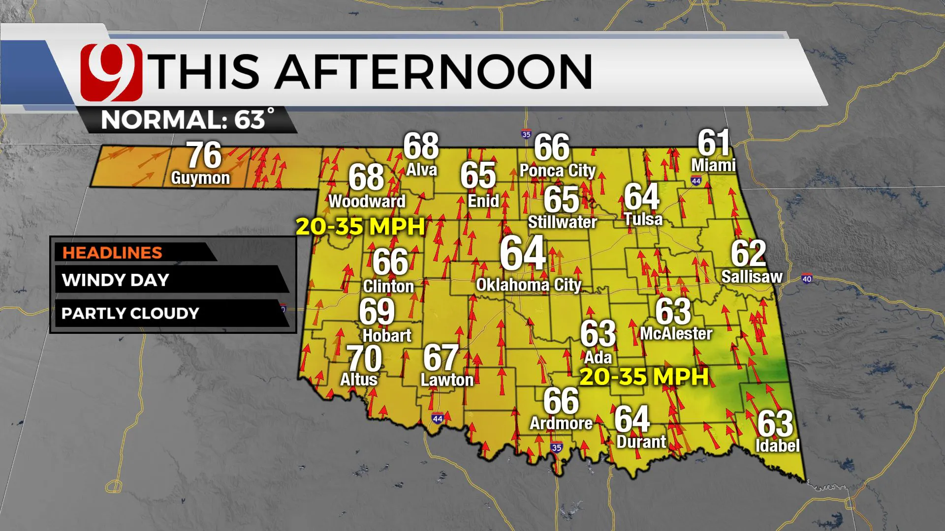 Temps across Oklahoma on Wednesday afternoon.
