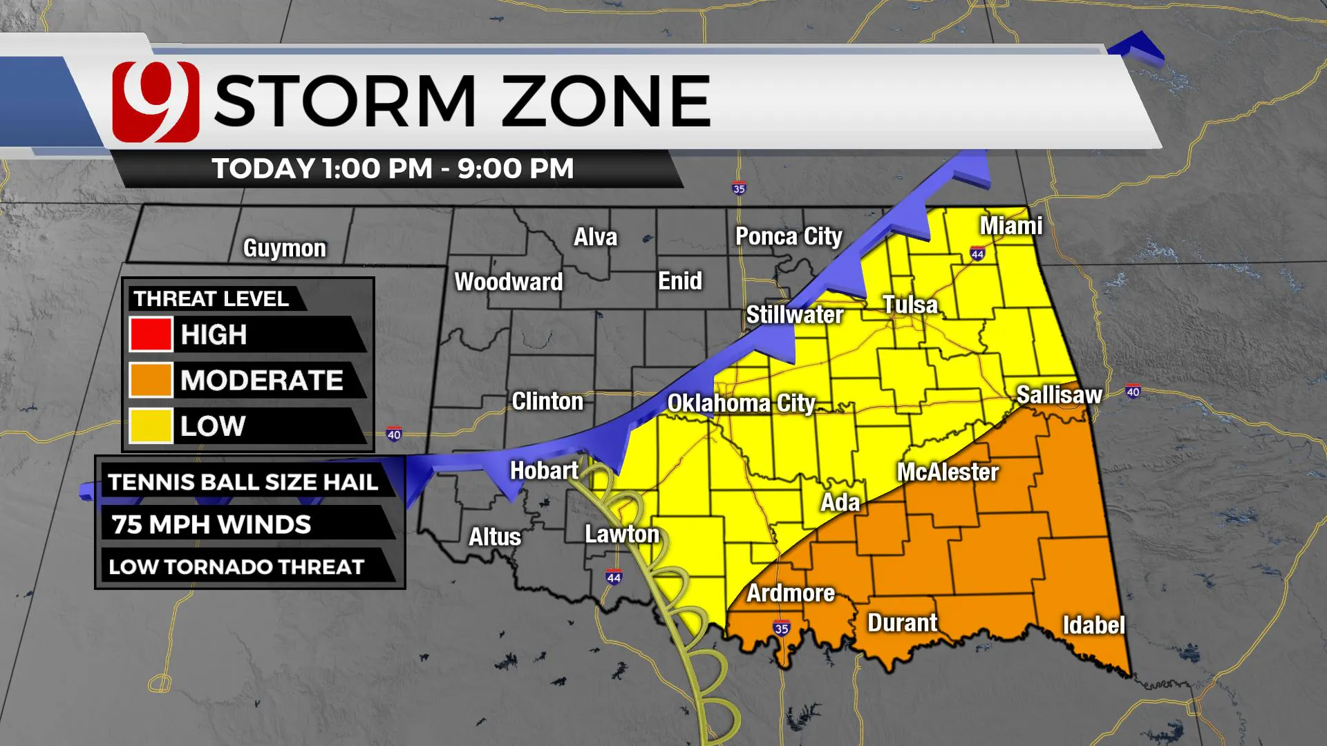 Storm zone Thursday afternoon.