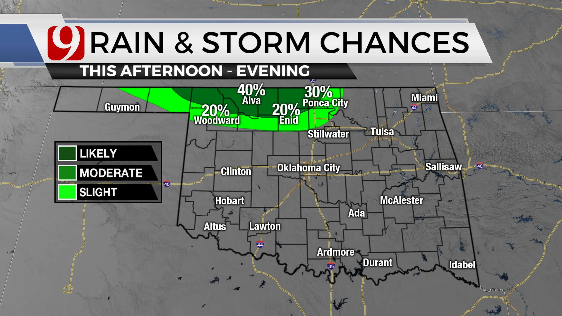 Rain and storm chances Monday afternoon.