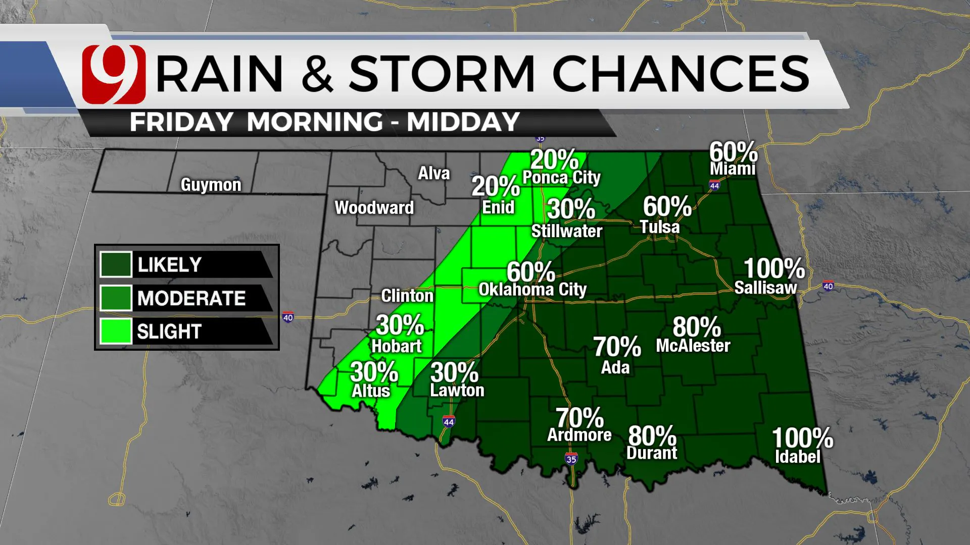 Rain and storm chances Friday morning.