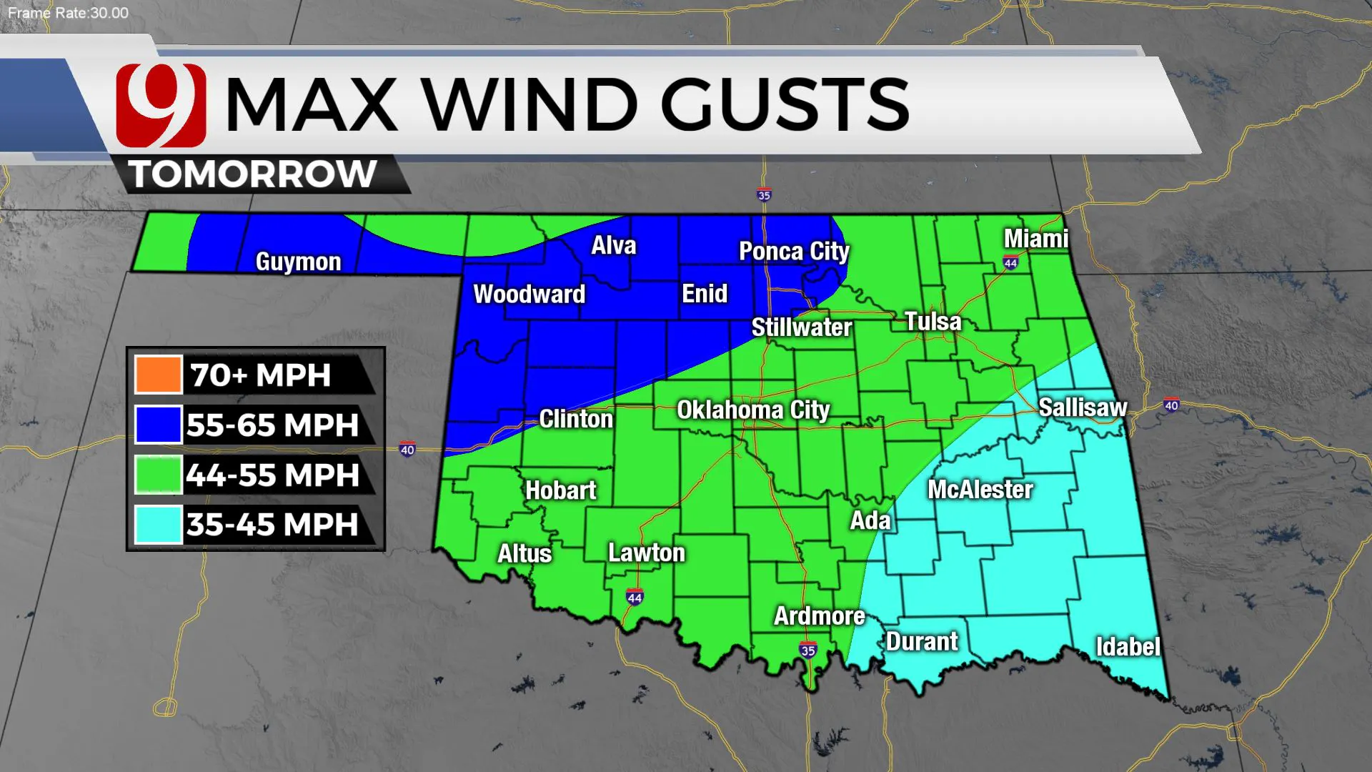 Wind across Oklahoma on Friday.