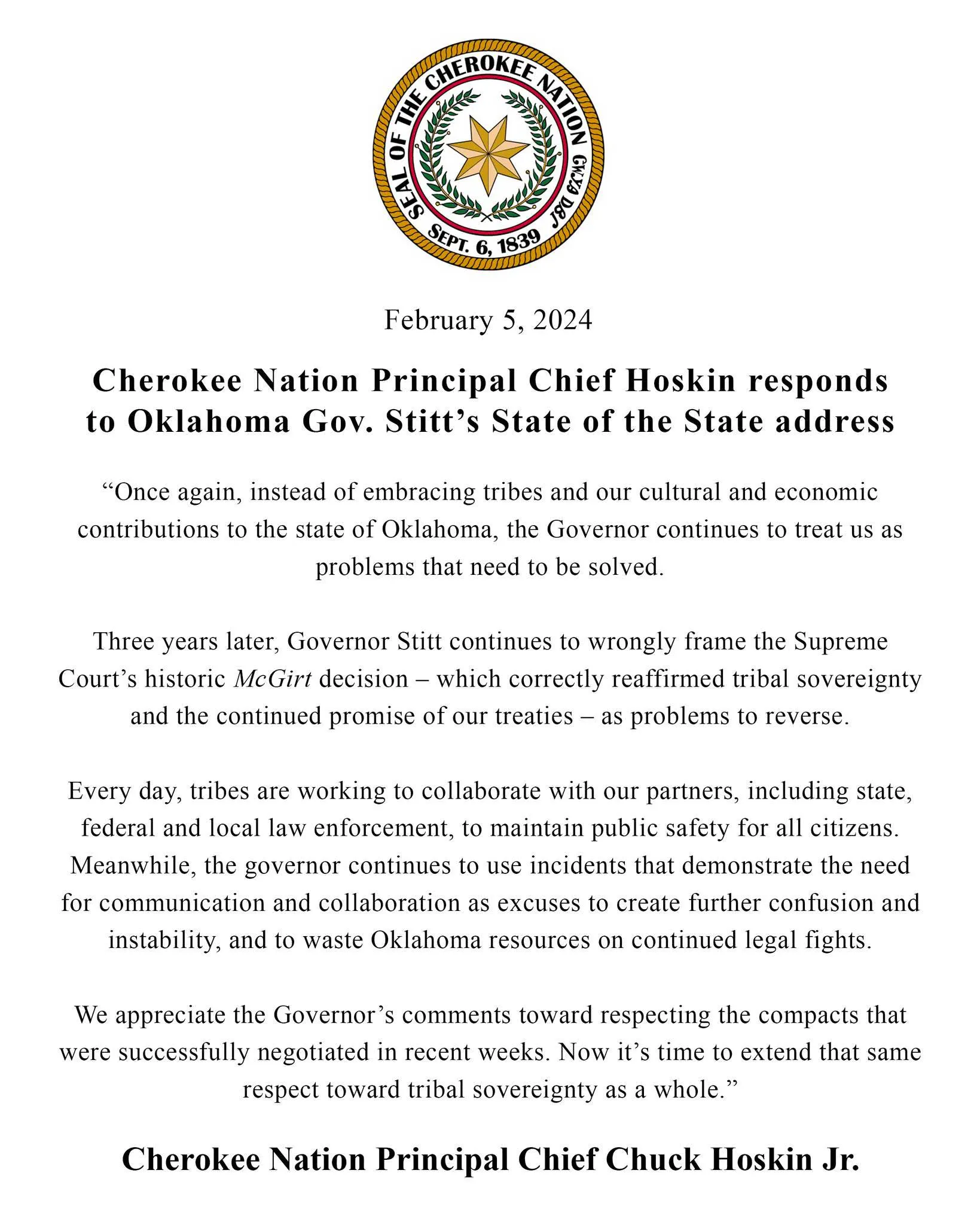 Cherokee Nation SOTS Response