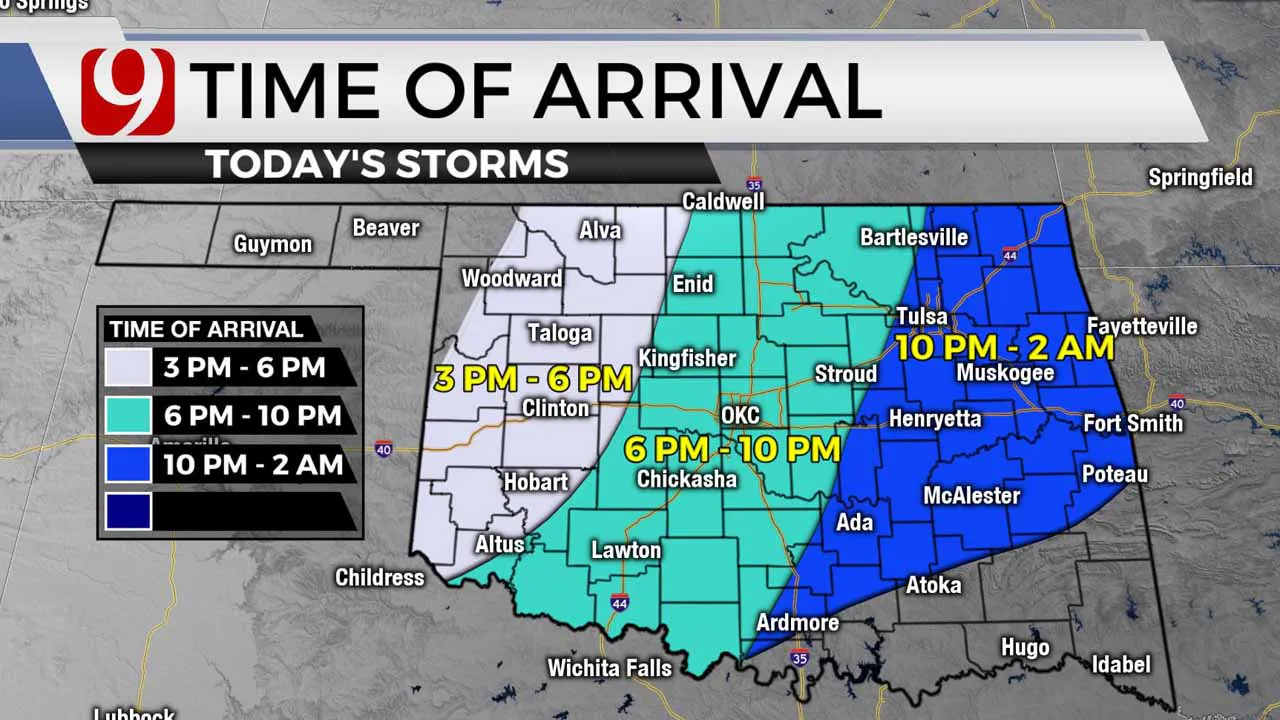Time of arrival for storms on Monday.