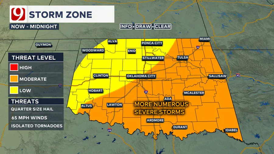 OKC storm zone map, November 3, 2024, 1 p.m