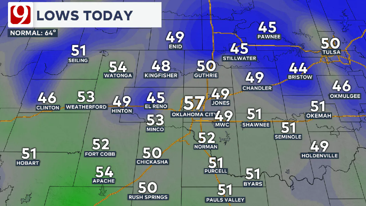 Lows on Wednesday in Oklahoma.