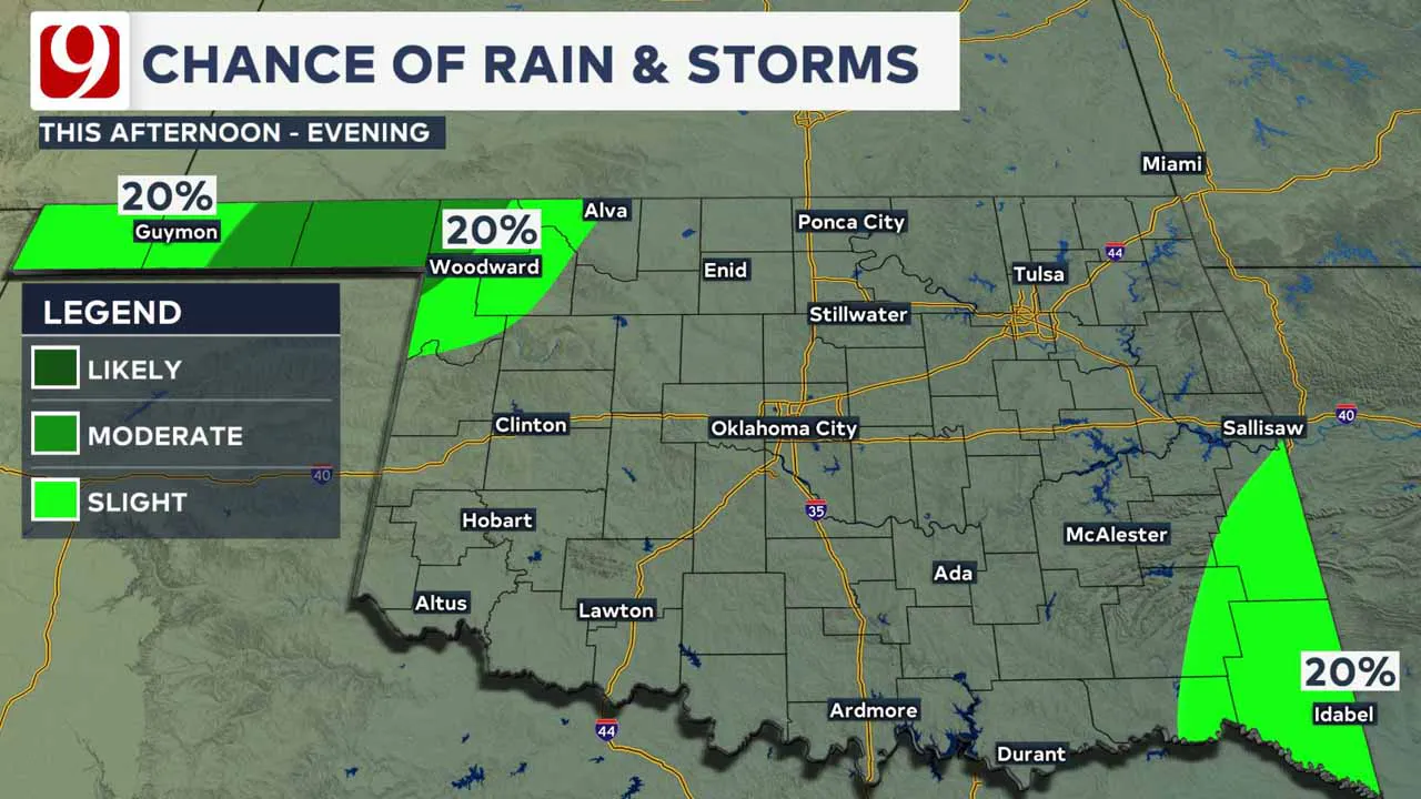 Rain and storm chances Monday afternoon.