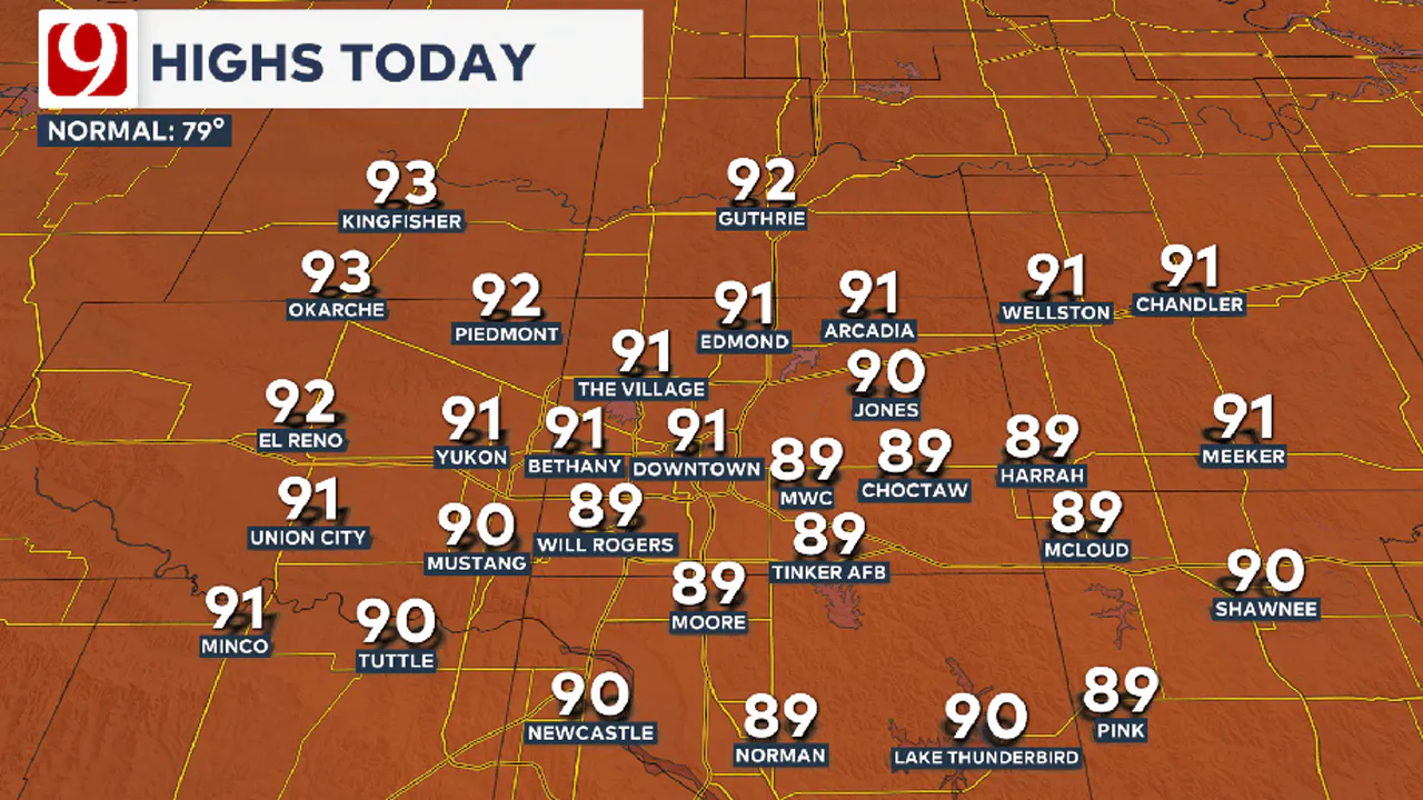 Highs on Monday in the OKC metro.