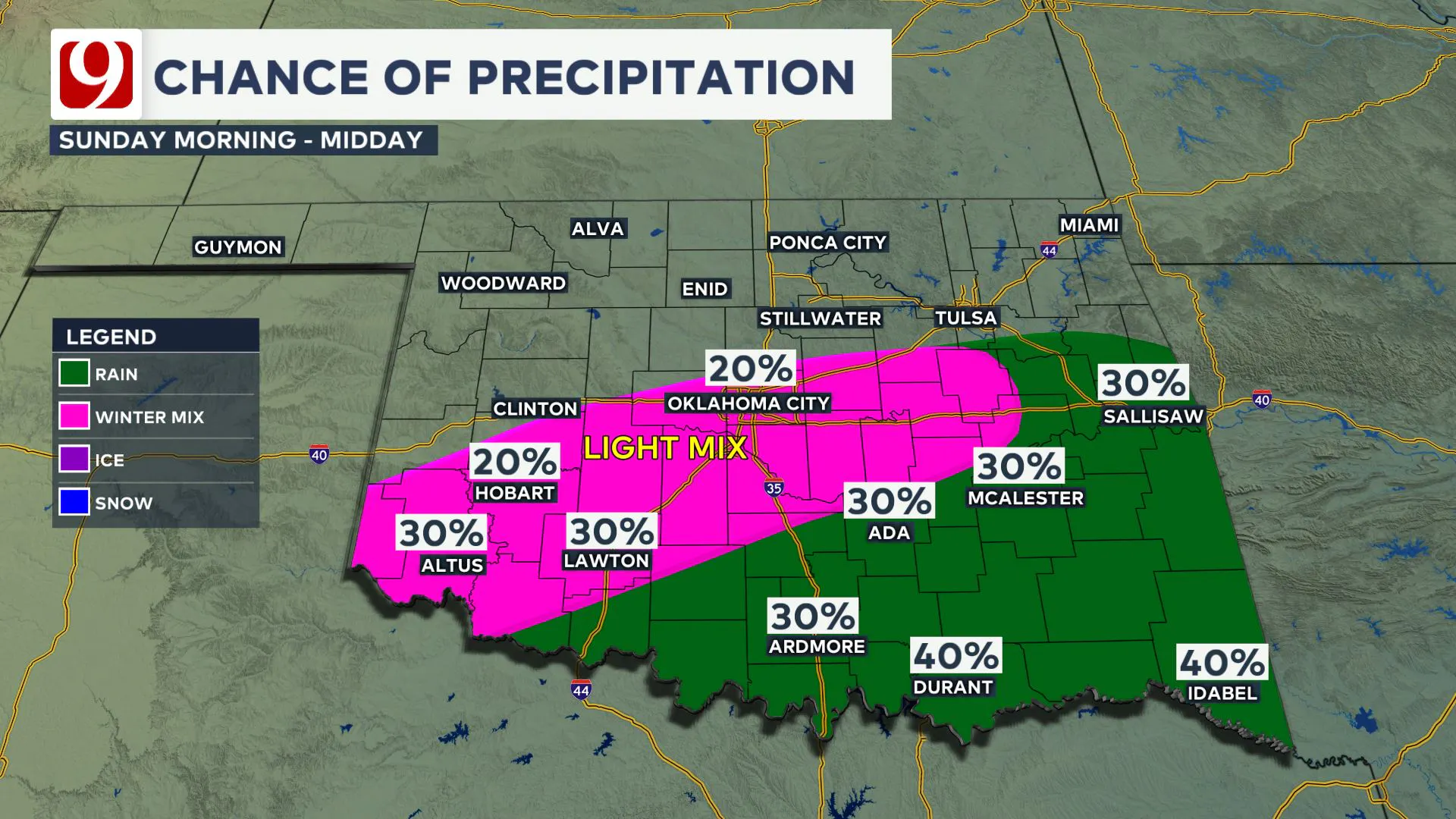 Precipitation chances Sunday morning.