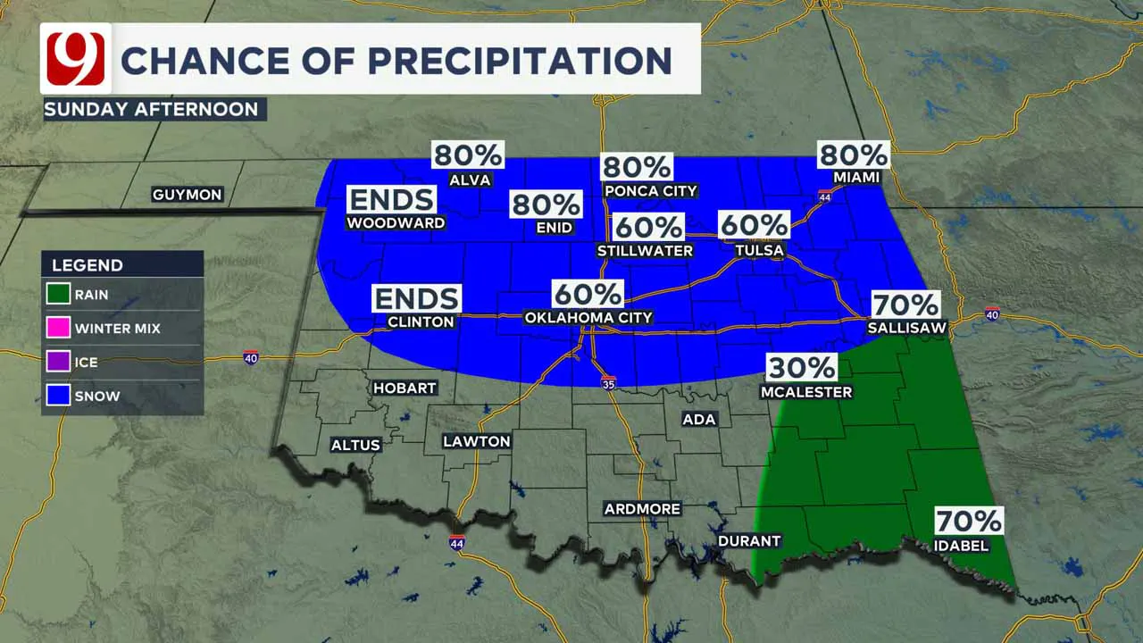 Precipitation chances Sunday afternoon.